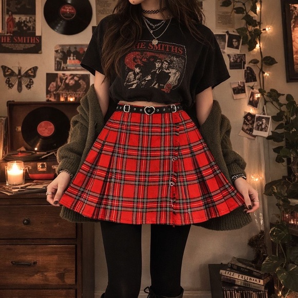 Vintage Dresses & Skirts - Vintage Red Plaid Tartan Kilt Billie Skirt Sz-OS Schoolgirl Y2K MallGoth Preppy